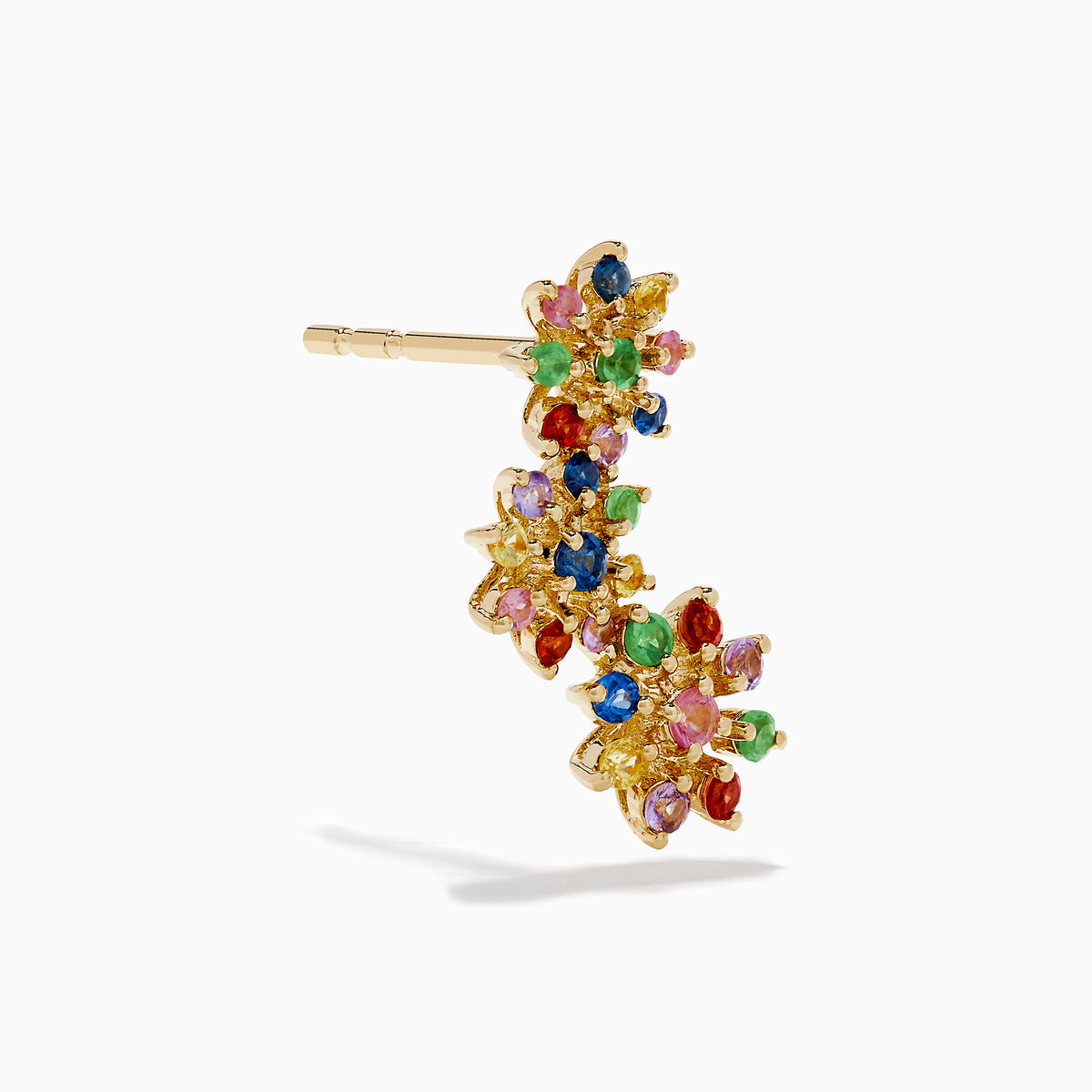 The Watercolors 14K Yellow Gold Multi Sapphire and Tsavorite Floral Ear Climber Stud Earrings feature colorful gemstone clusters in a vibrant floral design, showcased against a white background.