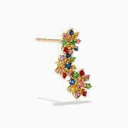 The Watercolors 14K Yellow Gold Multi Sapphire and Tsavorite Floral Ear Climber Stud Earrings feature colorful gemstone clusters in a vibrant floral design, showcased against a white background.