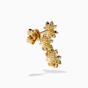 The Watercolors 14K Yellow Gold Multi Sapphire and Tsavorite Floral Ear Climber Stud Earrings feature colorful gemstone clusters in a vibrant floral design, showcased against a white background.