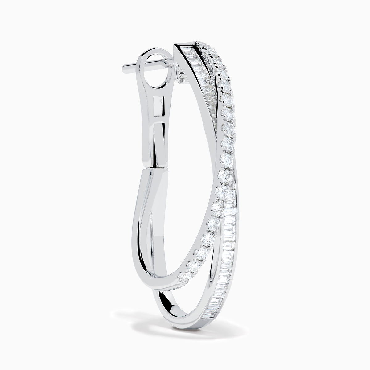 A pair of 14K White Gold Diamond Crossover Hoop Earrings featuring two intertwined, diamond-encrusted lines on each hoop, displayed against a plain white background.
