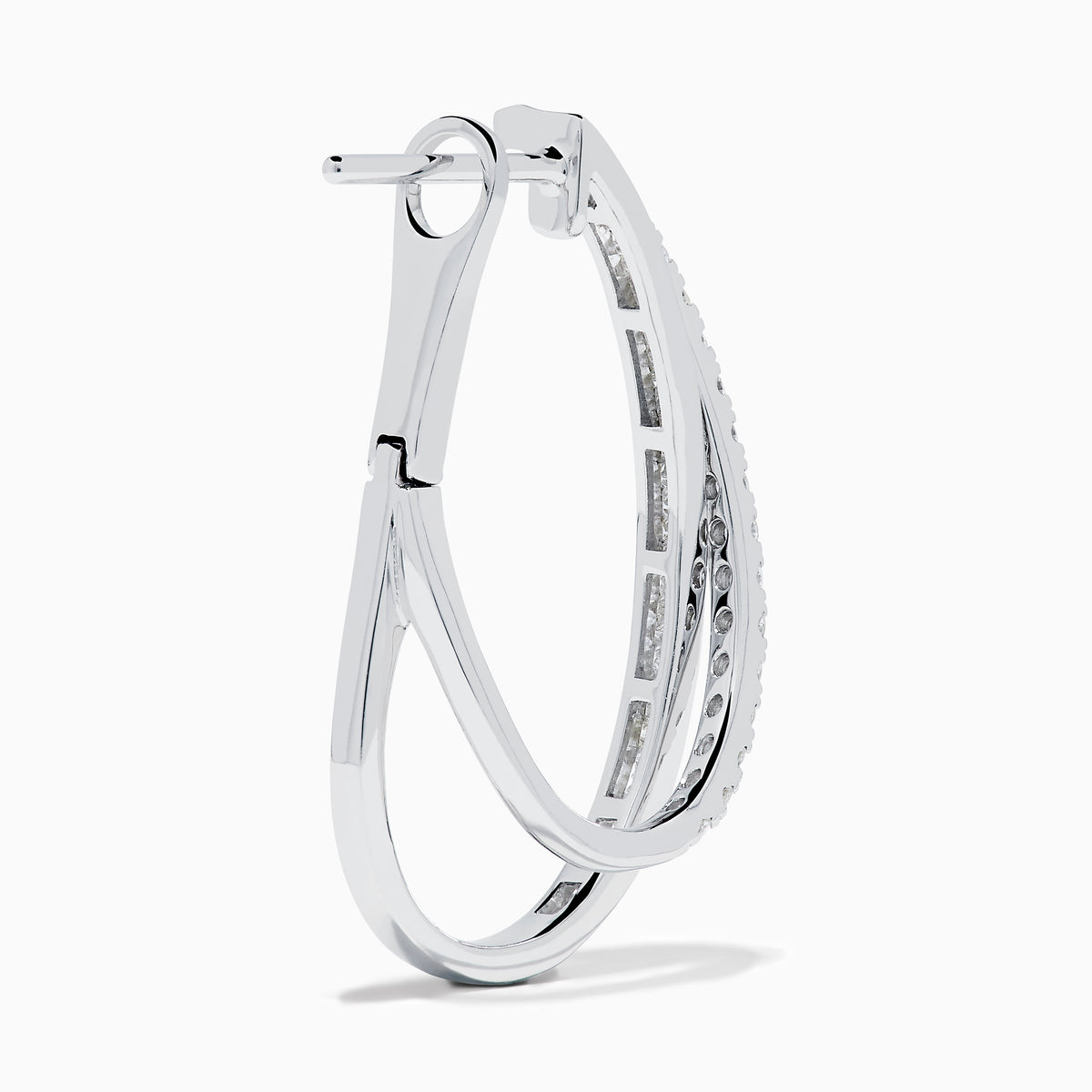 A pair of 14K White Gold Diamond Crossover Hoop Earrings featuring two intertwined, diamond-encrusted lines on each hoop, displayed against a plain white background.