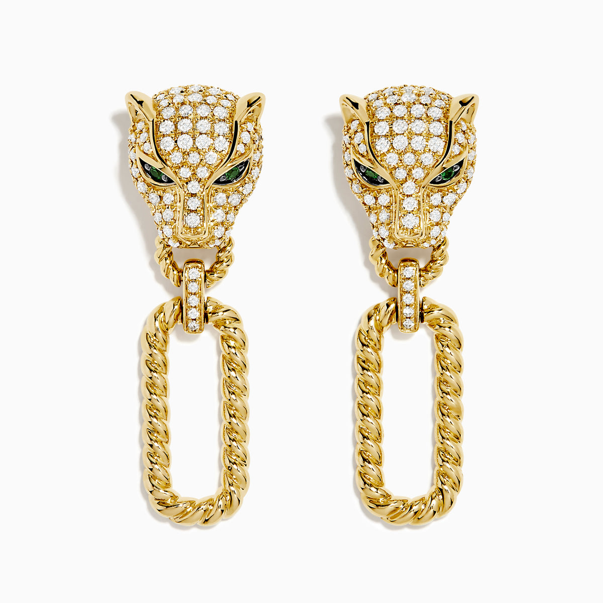 The Signature 14K Yellow Gold Diamond and Emerald Panther Drop Earrings feature panther heads with diamond detailing, emerald eyes, and each holds a gold chain loop in its mouth.