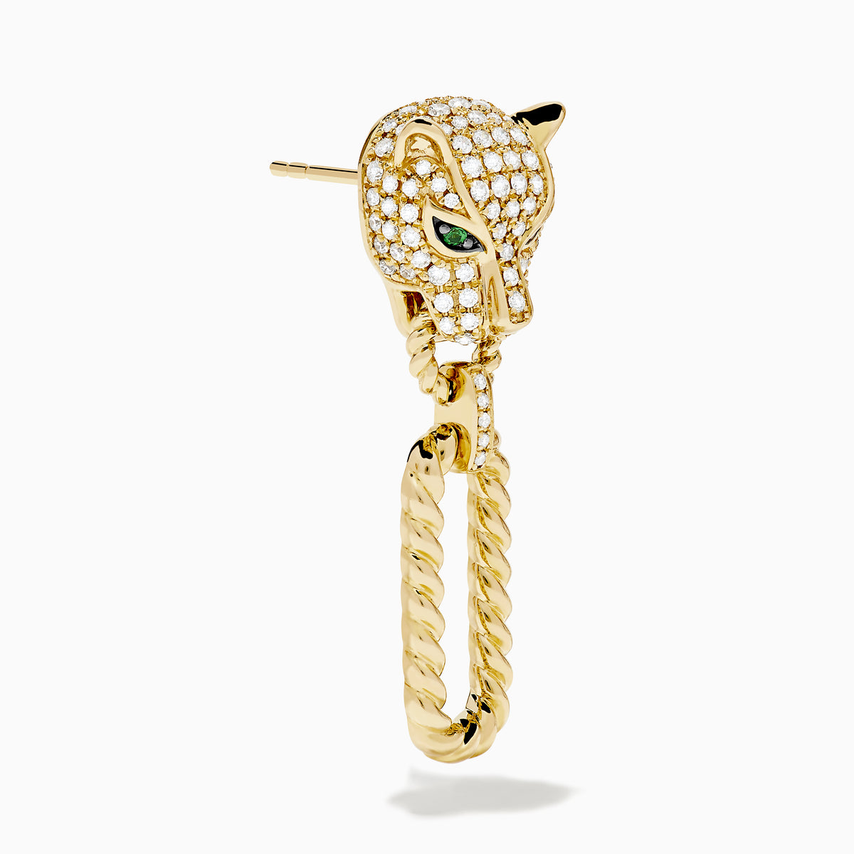 The Signature 14K Yellow Gold Diamond and Emerald Panther Drop Earrings feature panther heads with diamond detailing, emerald eyes, and each holds a gold chain loop in its mouth.
