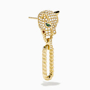 The Signature 14K Yellow Gold Diamond and Emerald Panther Drop Earrings feature panther heads with diamond detailing, emerald eyes, and each holds a gold chain loop in its mouth.
