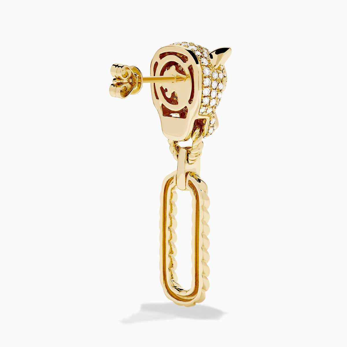 The Signature 14K Yellow Gold Diamond and Emerald Panther Drop Earrings feature panther heads with diamond detailing, emerald eyes, and each holds a gold chain loop in its mouth.