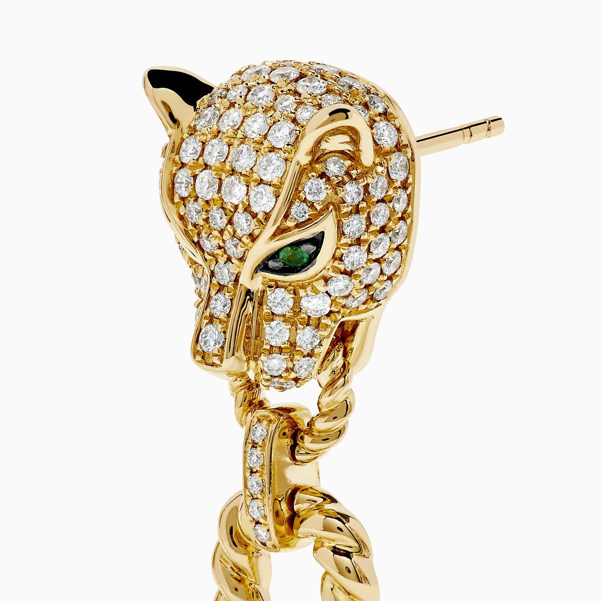 The Signature 14K Yellow Gold Diamond and Emerald Panther Drop Earrings feature panther heads with diamond detailing, emerald eyes, and each holds a gold chain loop in its mouth.