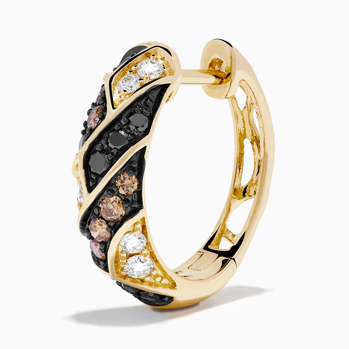 14K Yellow Gold Espresso, Black and White Diamond Huggie Earrings