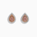 The 18K Two-Tone Gold Pink and White Diamond Pear Halo Stud Earrings showcase teardrop-shaped pink gemstones at the center, encircled by pink and white diamonds, all set against a white background.