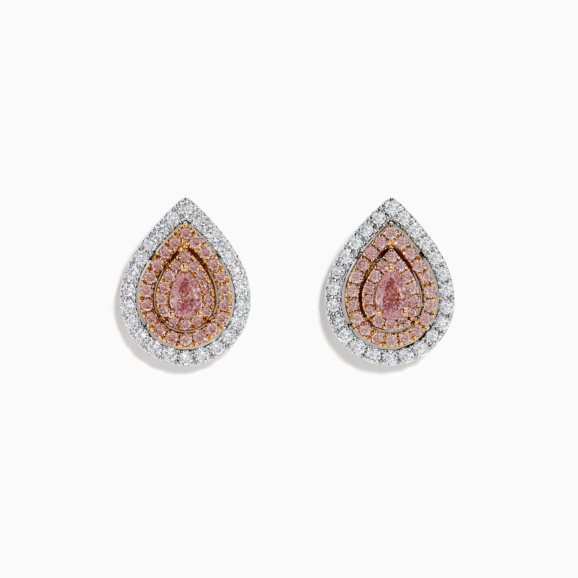 The 18K Two-Tone Gold Pink and White Diamond Pear Halo Stud Earrings showcase teardrop-shaped pink gemstones at the center, encircled by pink and white diamonds, all set against a white background.