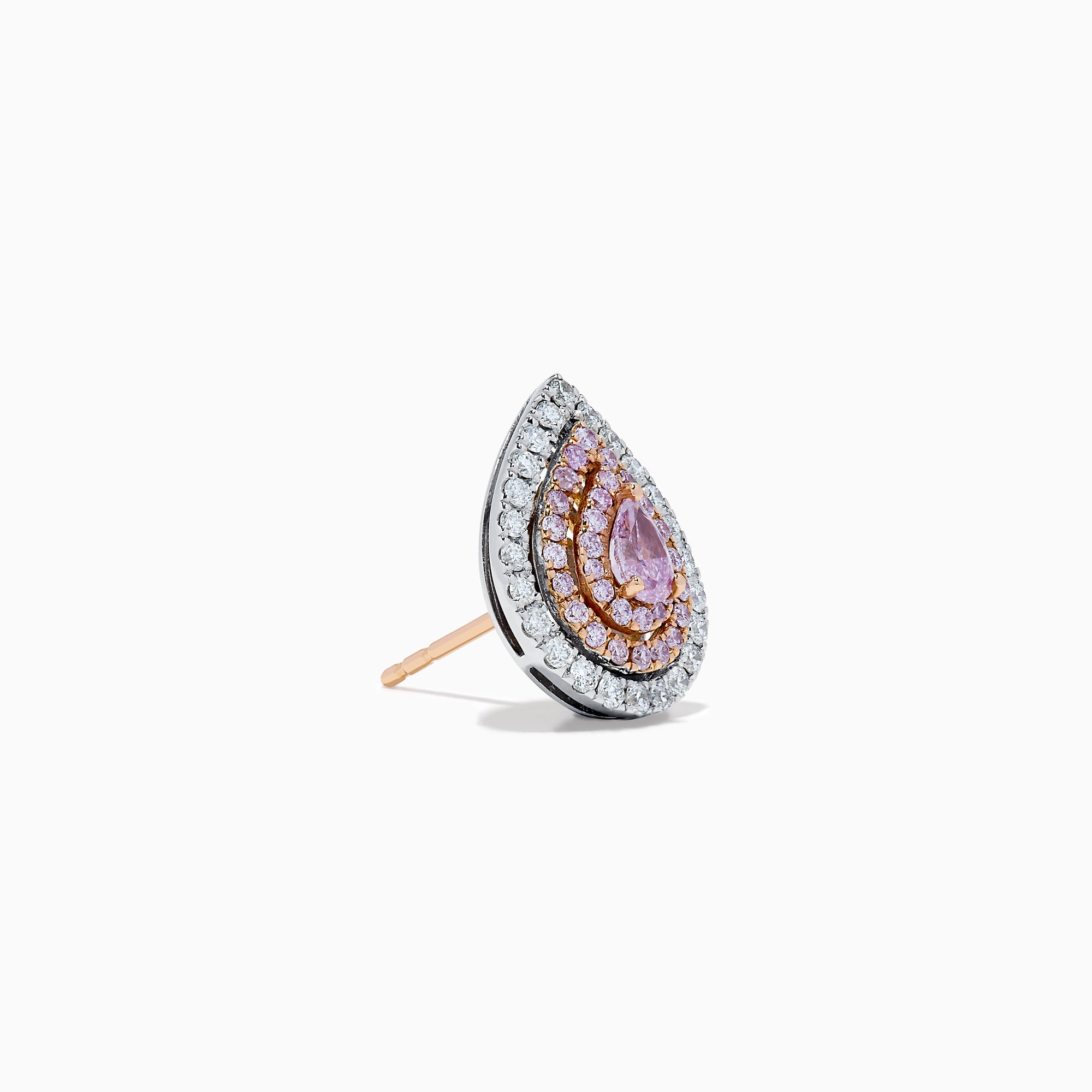 The 18K Two-Tone Gold Pink and White Diamond Pear Halo Stud Earrings showcase teardrop-shaped pink gemstones at the center, encircled by pink and white diamonds, all set against a white background.