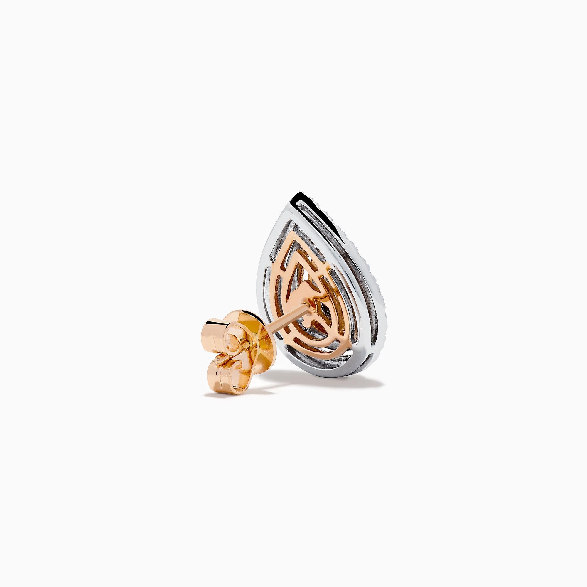 The 18K Two-Tone Gold Pink and White Diamond Pear Halo Stud Earrings showcase teardrop-shaped pink gemstones at the center, encircled by pink and white diamonds, all set against a white background.