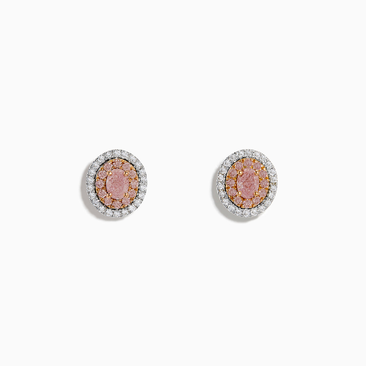 18K Two Tone Gold Pink and White Diamond Halo Stud Earrings feature a central pink stone encircled by a halo of sparkling white diamonds in an elegant circular design.