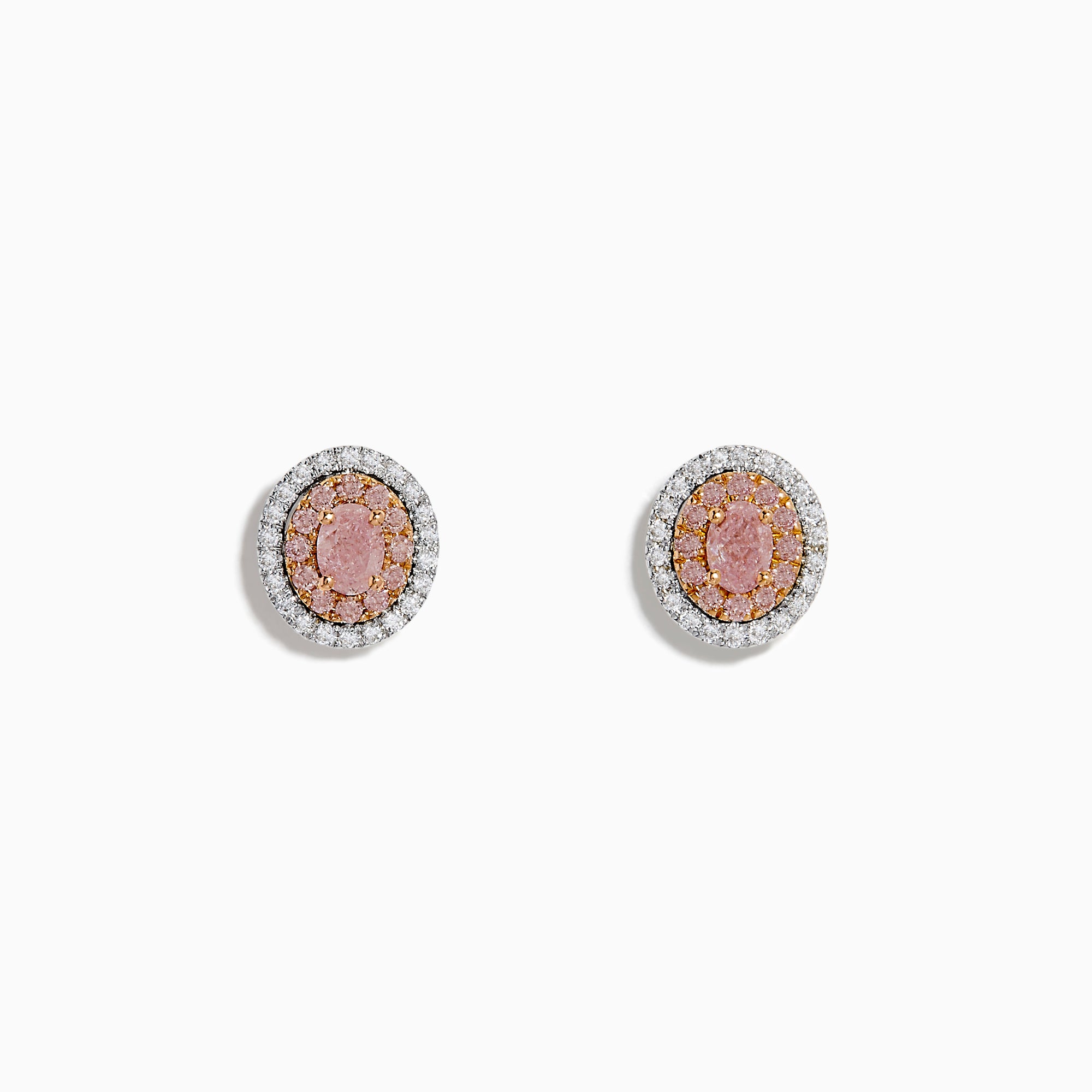 18K Two Tone Gold Pink and White Diamond Halo Stud Earrings feature a central pink stone encircled by a halo of sparkling white diamonds in an elegant circular design.