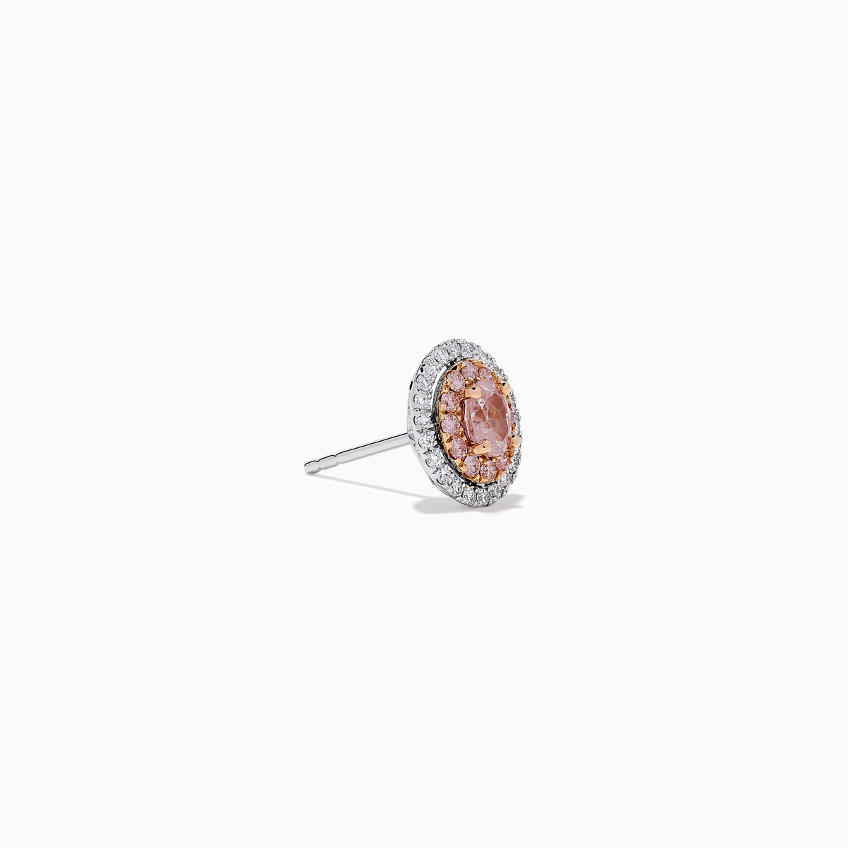 18K Two Tone Gold Pink and White Diamond Halo Stud Earrings feature a central pink stone encircled by a halo of sparkling white diamonds in an elegant circular design.