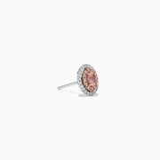 18K Two Tone Gold Pink and White Diamond Halo Stud Earrings feature a central pink stone encircled by a halo of sparkling white diamonds in an elegant circular design.