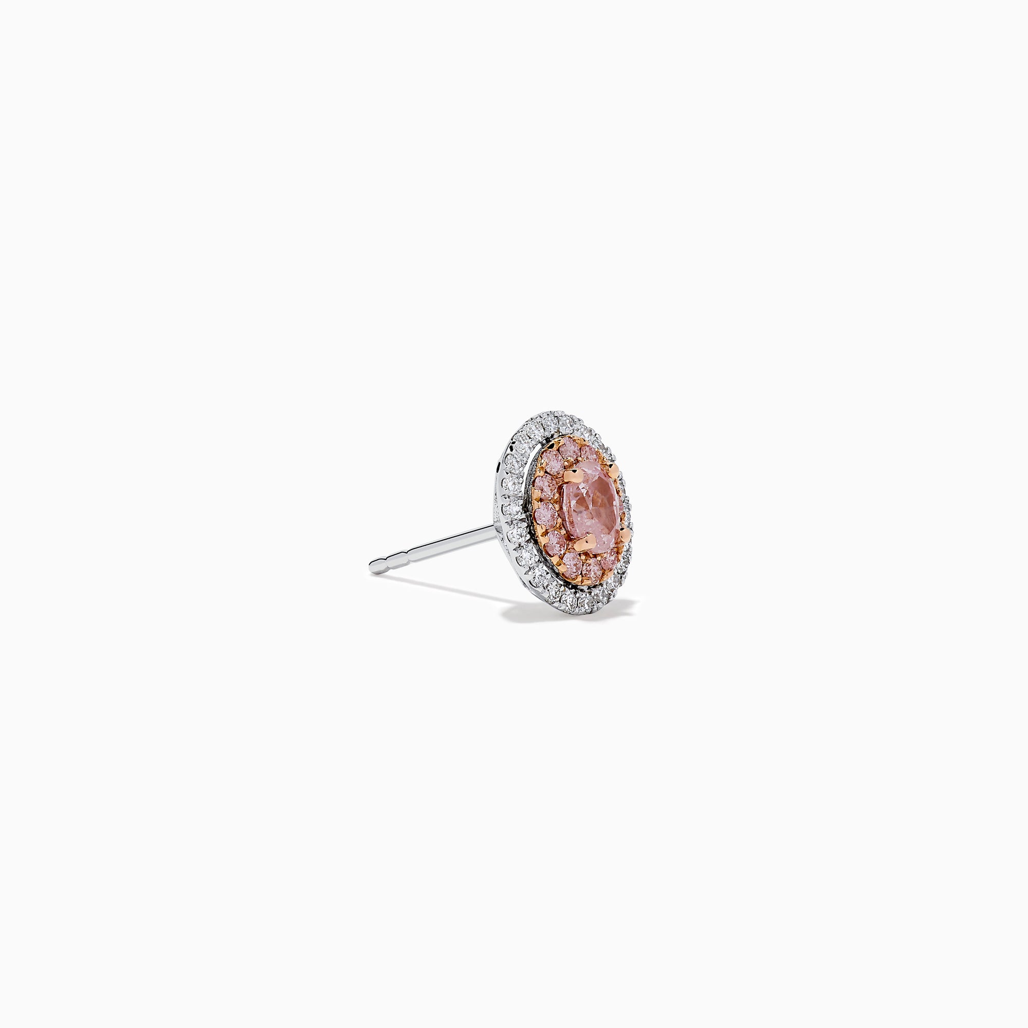 18K Two Tone Gold Pink and White Diamond Halo Stud Earrings feature a central pink stone encircled by a halo of sparkling white diamonds in an elegant circular design.