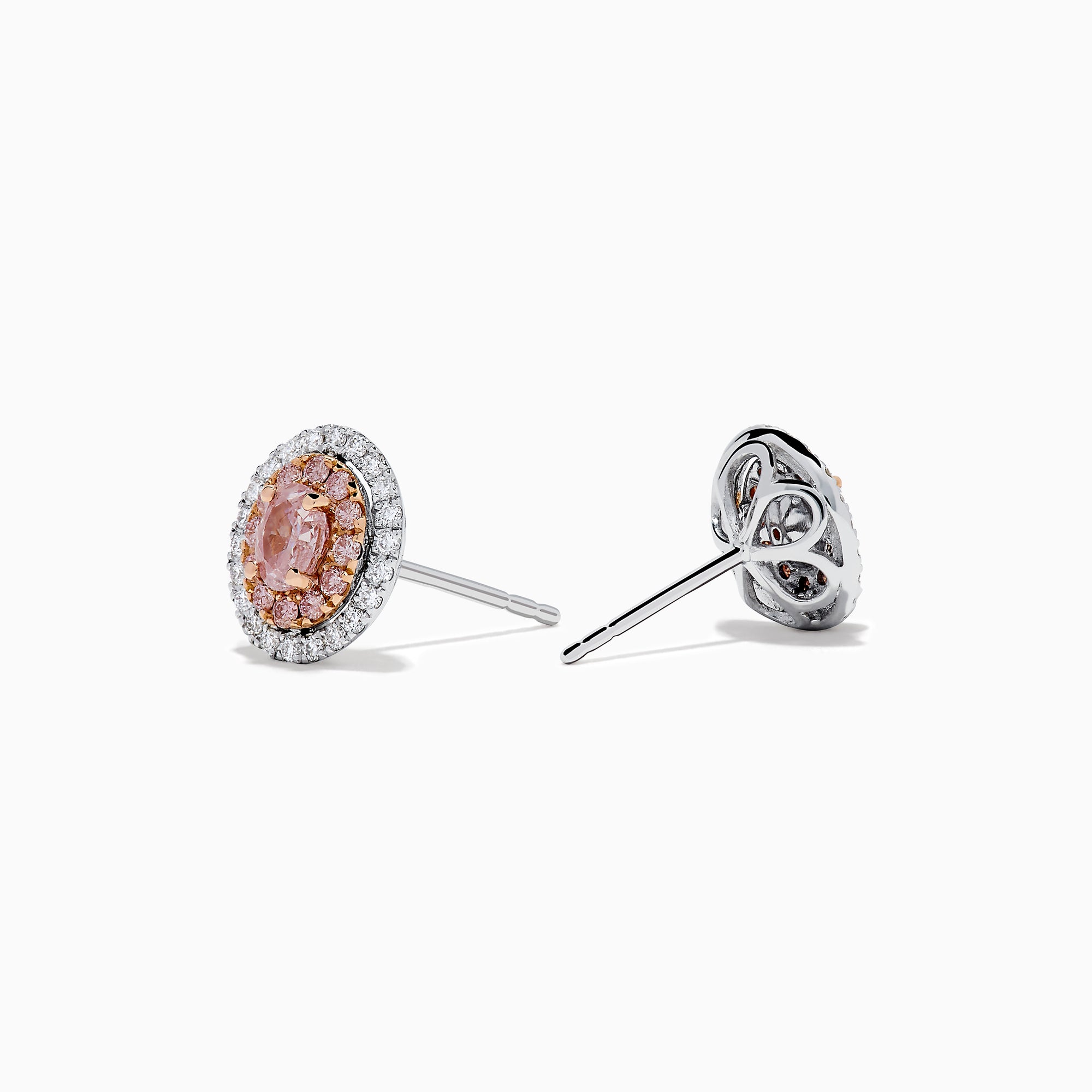 18K Two Tone Gold Pink and White Diamond Halo Stud Earrings feature a central pink stone encircled by a halo of sparkling white diamonds in an elegant circular design.