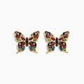 The Watercolors 14K Yellow Gold Multi Sapphire and Black Diamond Butterfly Stud Earrings feature colorful sapphires in pink, blue, green, and orange set in intricate wing patterns.