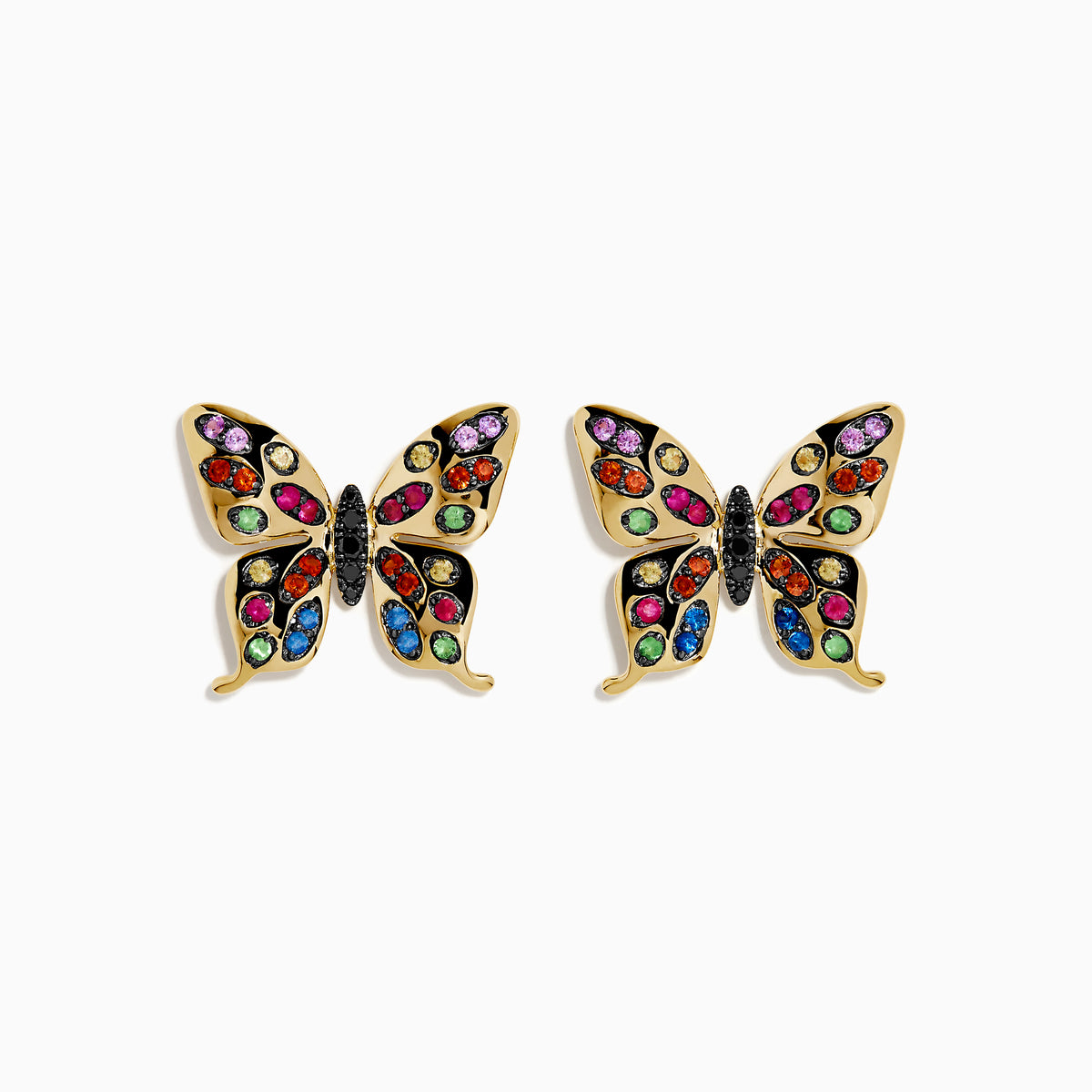 The Watercolors 14K Yellow Gold Multi Sapphire and Black Diamond Butterfly Stud Earrings feature colorful sapphires in pink, blue, green, and orange set in intricate wing patterns.