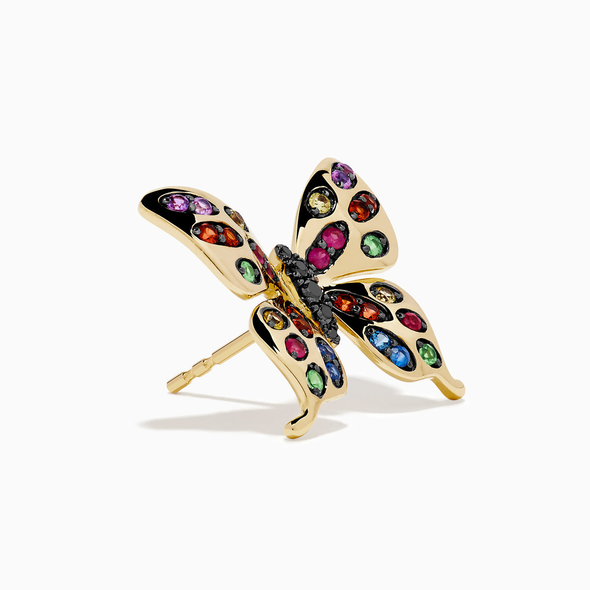 The Watercolors 14K Yellow Gold Multi Sapphire and Black Diamond Butterfly Stud Earrings feature colorful sapphires in pink, blue, green, and orange set in intricate wing patterns.