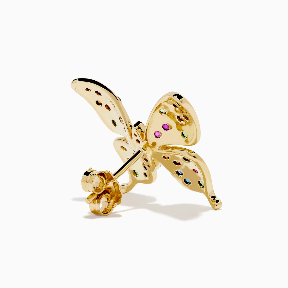 The Watercolors 14K Yellow Gold Multi Sapphire and Black Diamond Butterfly Stud Earrings feature colorful sapphires in pink, blue, green, and orange set in intricate wing patterns.