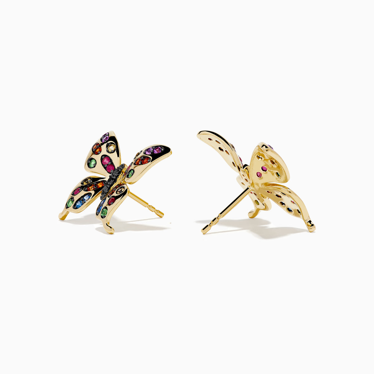 The Watercolors 14K Yellow Gold Multi Sapphire and Black Diamond Butterfly Stud Earrings feature colorful sapphires in pink, blue, green, and orange set in intricate wing patterns.