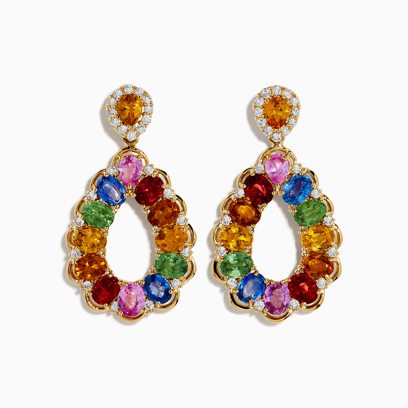 Watercolors 14K Yellow Gold Multi Sapphire and Diamond Teardrop Earrings feature vibrant green, blue, pink, red, and orange sapphires accented with sparkling diamonds for a colorful and elegant look.