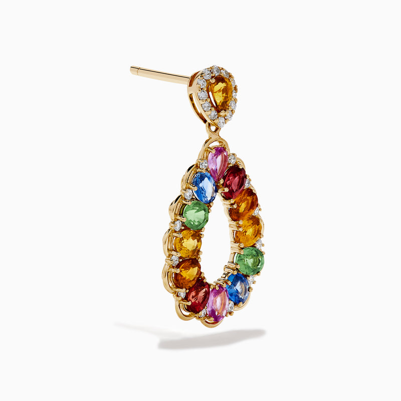 Watercolors 14K Yellow Gold Multi Sapphire and Diamond Teardrop Earrings feature vibrant green, blue, pink, red, and orange sapphires accented with sparkling diamonds for a colorful and elegant look.