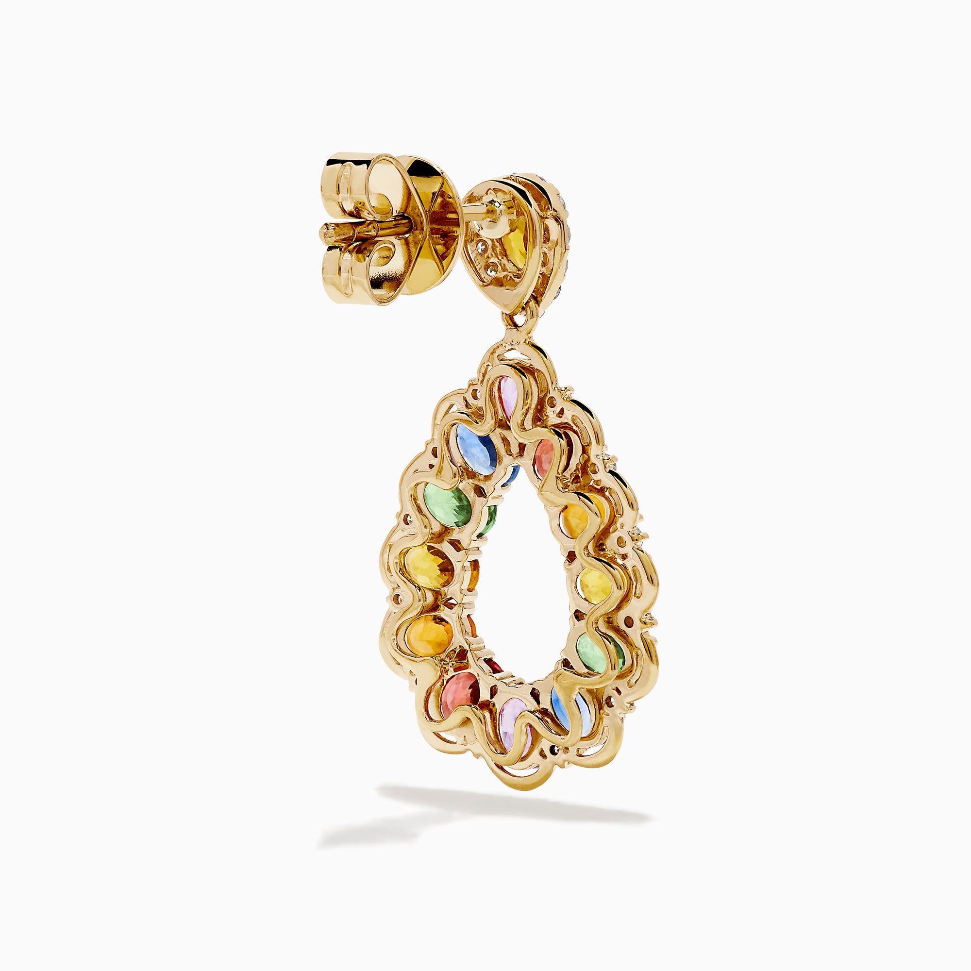 Watercolors 14K Yellow Gold Multi Sapphire and Diamond Teardrop Earrings feature vibrant green, blue, pink, red, and orange sapphires accented with sparkling diamonds for a colorful and elegant look.