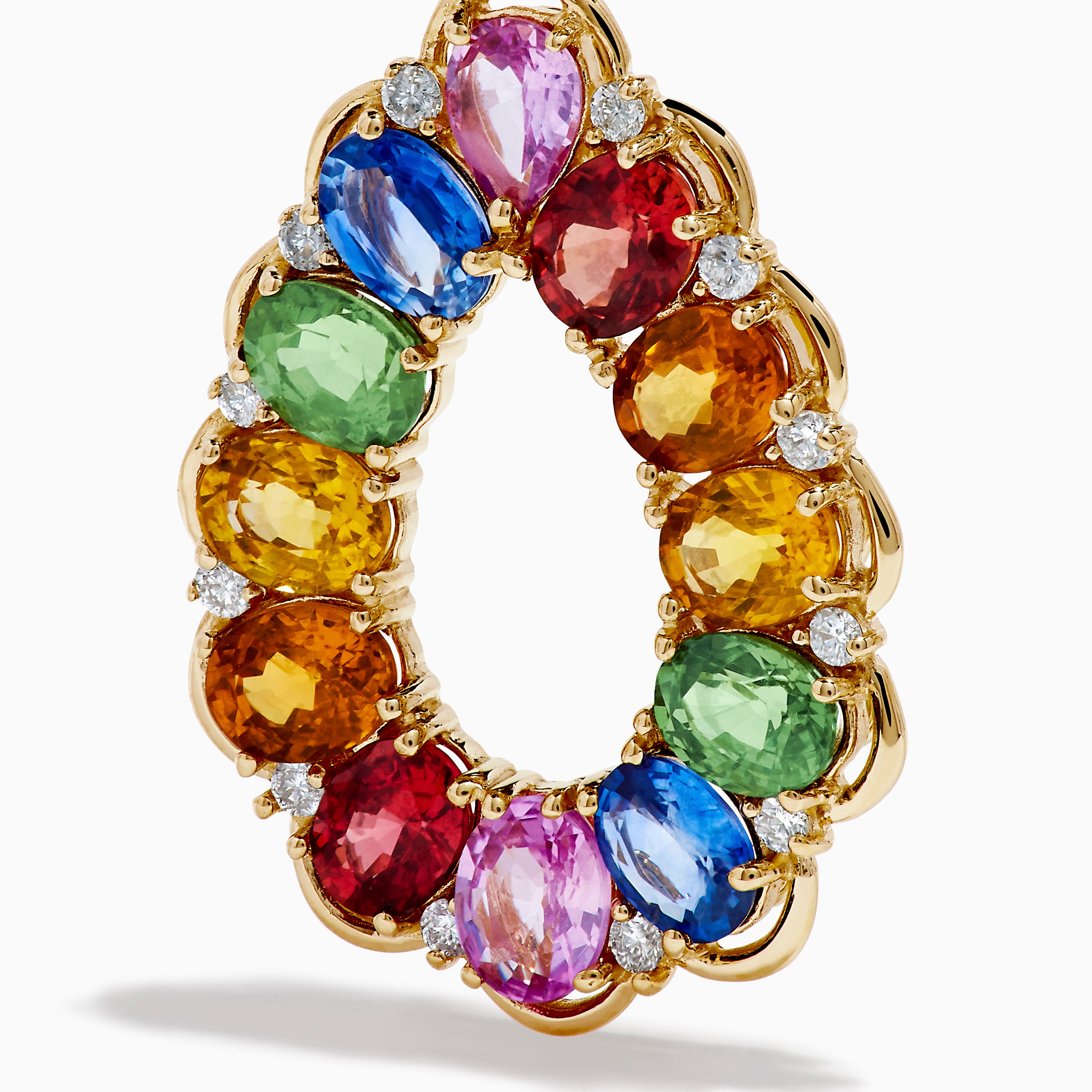 Watercolors 14K Yellow Gold Multi Sapphire and Diamond Teardrop Earrings feature vibrant green, blue, pink, red, and orange sapphires accented with sparkling diamonds for a colorful and elegant look.