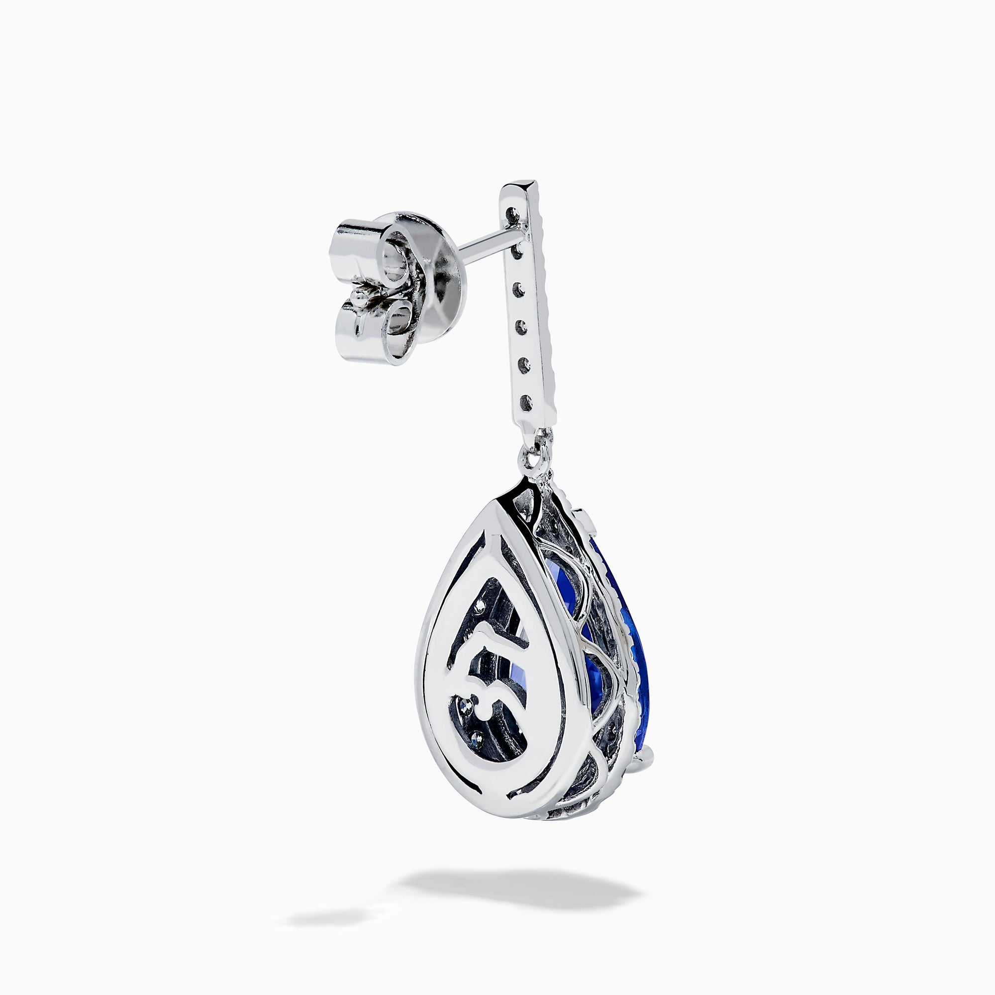 The Nahla 14K White Gold Tanzanite and Diamond Dangle Earrings feature pear-shaped blue Tanzanite gems encircled by diamonds, with a diamond-accented row extending up to the hooks for added elegance.