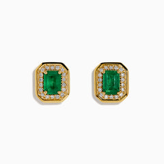 The 14K Yellow Gold Emerald and Diamond Halo Stud Earrings feature rectangular emerald-green stones surrounded by a sparkling diamond halo, set in yellow gold and shown against a white background.