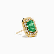 The 14K Yellow Gold Emerald and Diamond Halo Stud Earrings feature rectangular emerald-green stones surrounded by a sparkling diamond halo, set in yellow gold and shown against a white background.