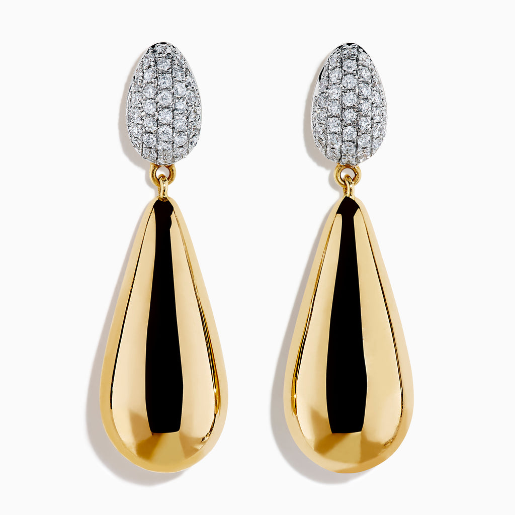The 14K Yellow Gold Diamond Pave & Polished Teardrop Earrings feature oval silver tops with sparkling diamond accents and elegant yellow gold teardrop pendants for a refined look.