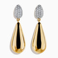 The 14K Yellow Gold Diamond Pave & Polished Teardrop Earrings feature oval silver tops with sparkling diamond accents and elegant yellow gold teardrop pendants for a refined look.