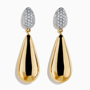 The 14K Yellow Gold Diamond Pave & Polished Teardrop Earrings feature oval silver tops with sparkling diamond accents and elegant yellow gold teardrop pendants for a refined look.