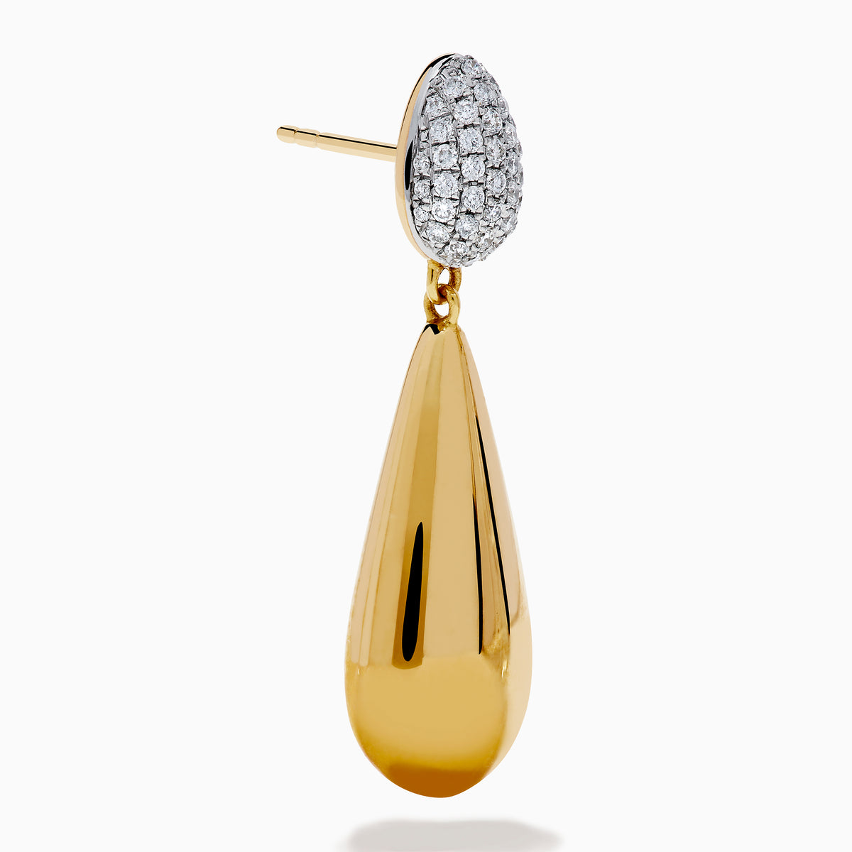 The 14K Yellow Gold Diamond Pave & Polished Teardrop Earrings feature oval silver tops with sparkling diamond accents and elegant yellow gold teardrop pendants for a refined look.