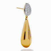 The 14K Yellow Gold Diamond Pave & Polished Teardrop Earrings feature oval silver tops with sparkling diamond accents and elegant yellow gold teardrop pendants for a refined look.