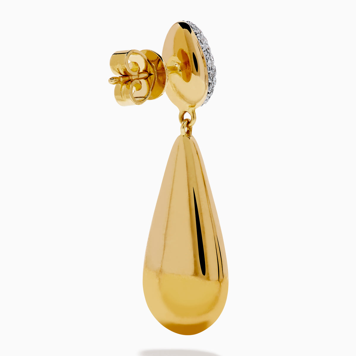 The 14K Yellow Gold Diamond Pave & Polished Teardrop Earrings feature oval silver tops with sparkling diamond accents and elegant yellow gold teardrop pendants for a refined look.