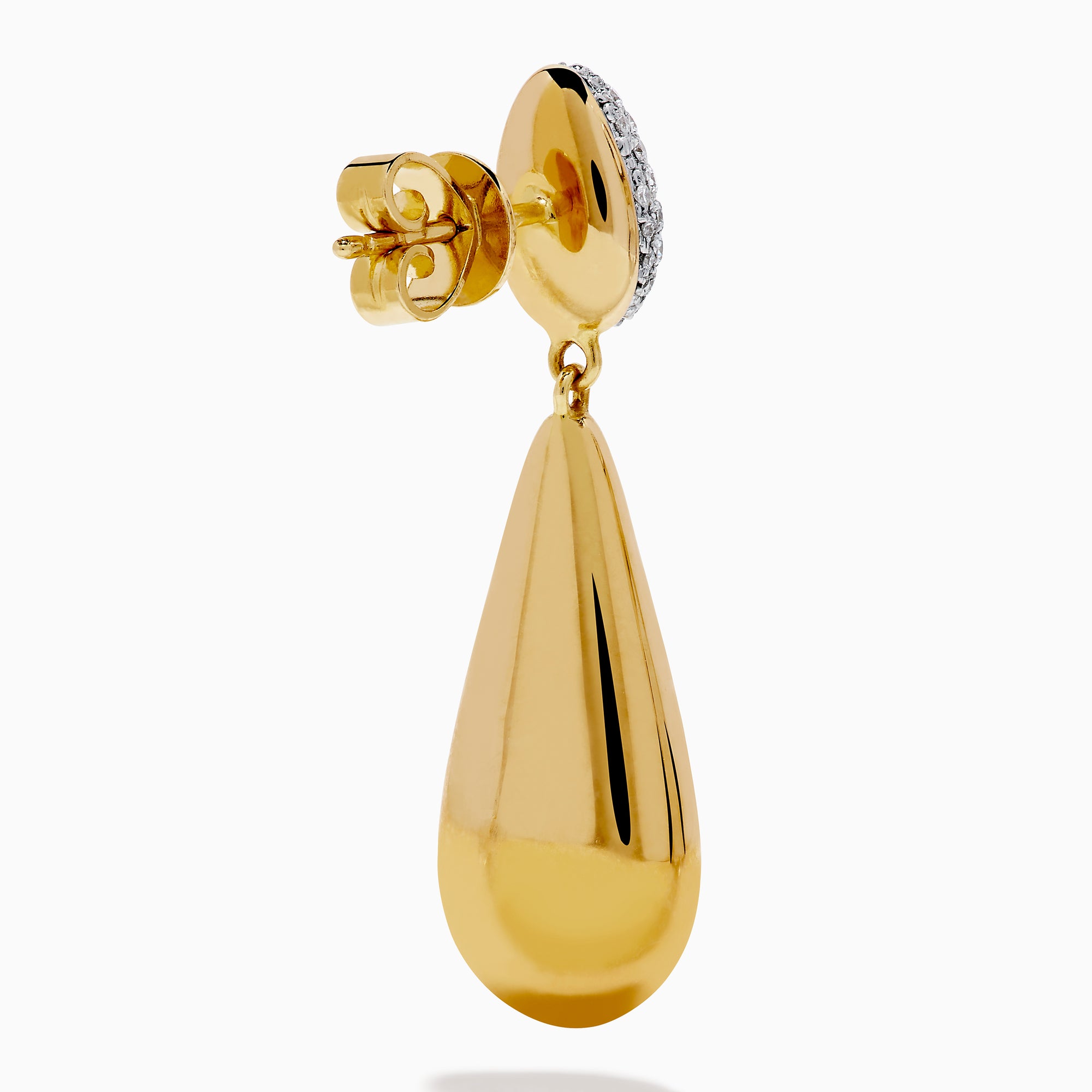 The 14K Yellow Gold Diamond Pave & Polished Teardrop Earrings feature oval silver tops with sparkling diamond accents and elegant yellow gold teardrop pendants for a refined look.