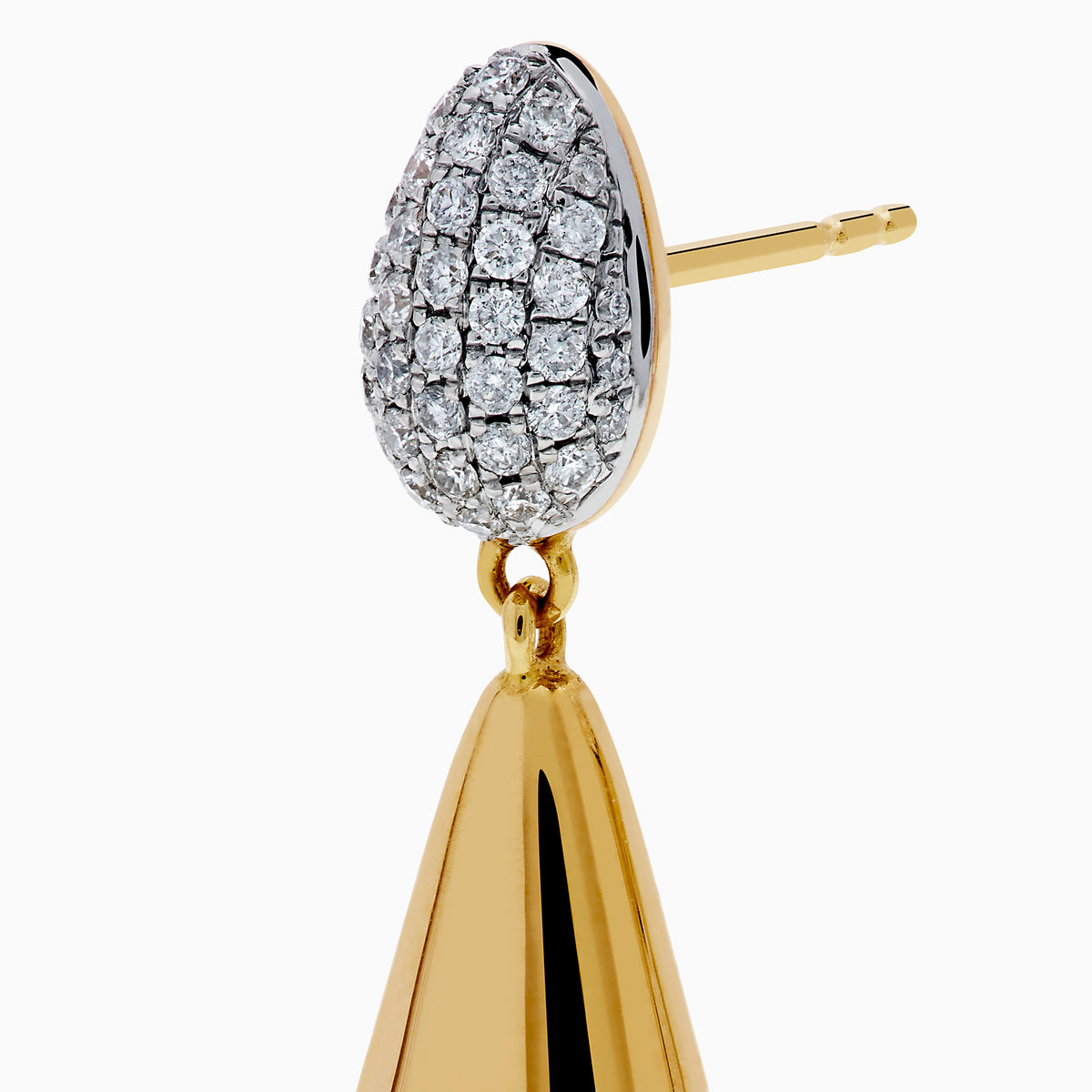 The 14K Yellow Gold Diamond Pave & Polished Teardrop Earrings feature oval silver tops with sparkling diamond accents and elegant yellow gold teardrop pendants for a refined look.
