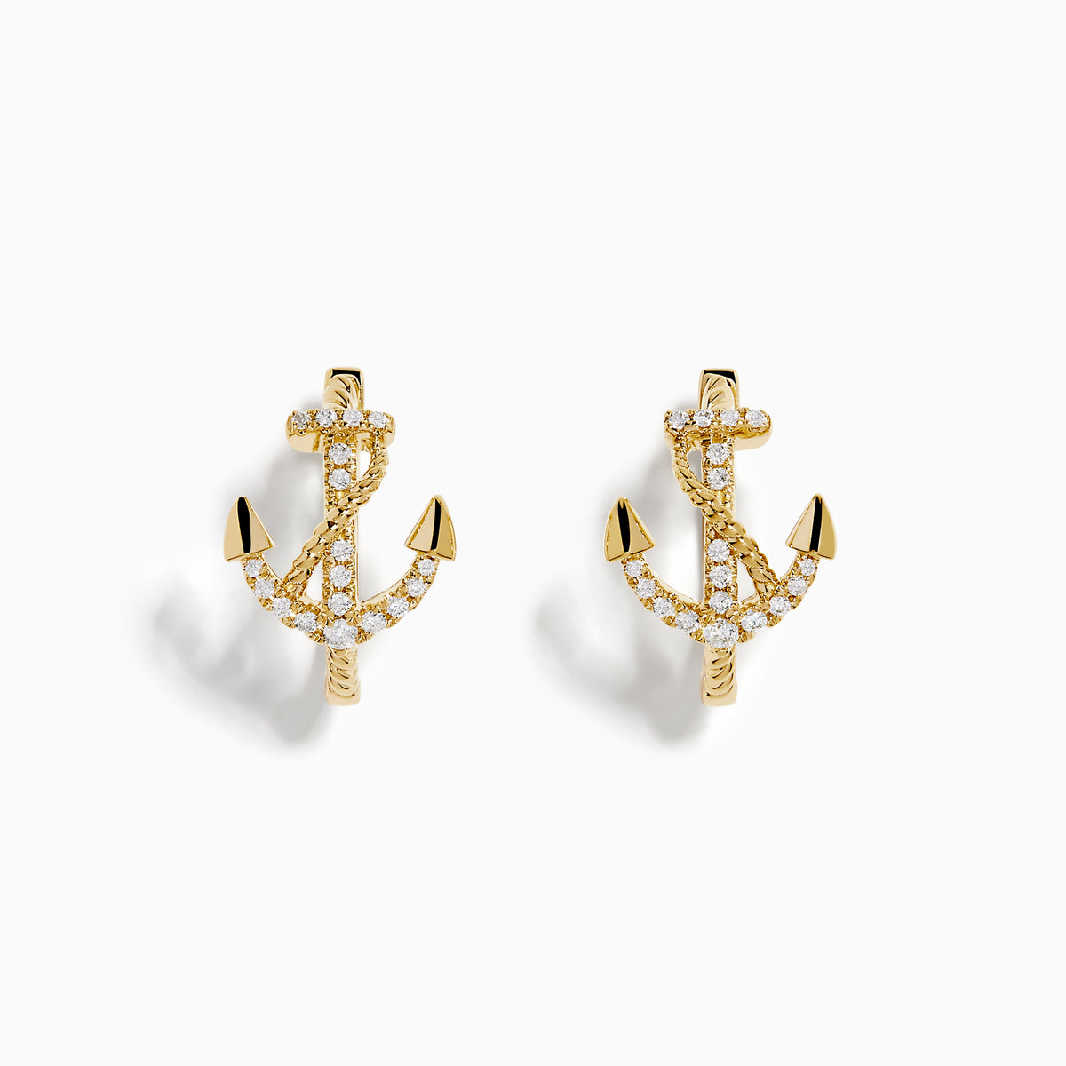14K Yellow Gold Diamond Anchor Hoop Earrings, featuring sparkling clear stones in an anchor shape, displayed on a plain white background.