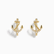 14K Yellow Gold Diamond Anchor Hoop Earrings, featuring sparkling clear stones in an anchor shape, displayed on a plain white background.