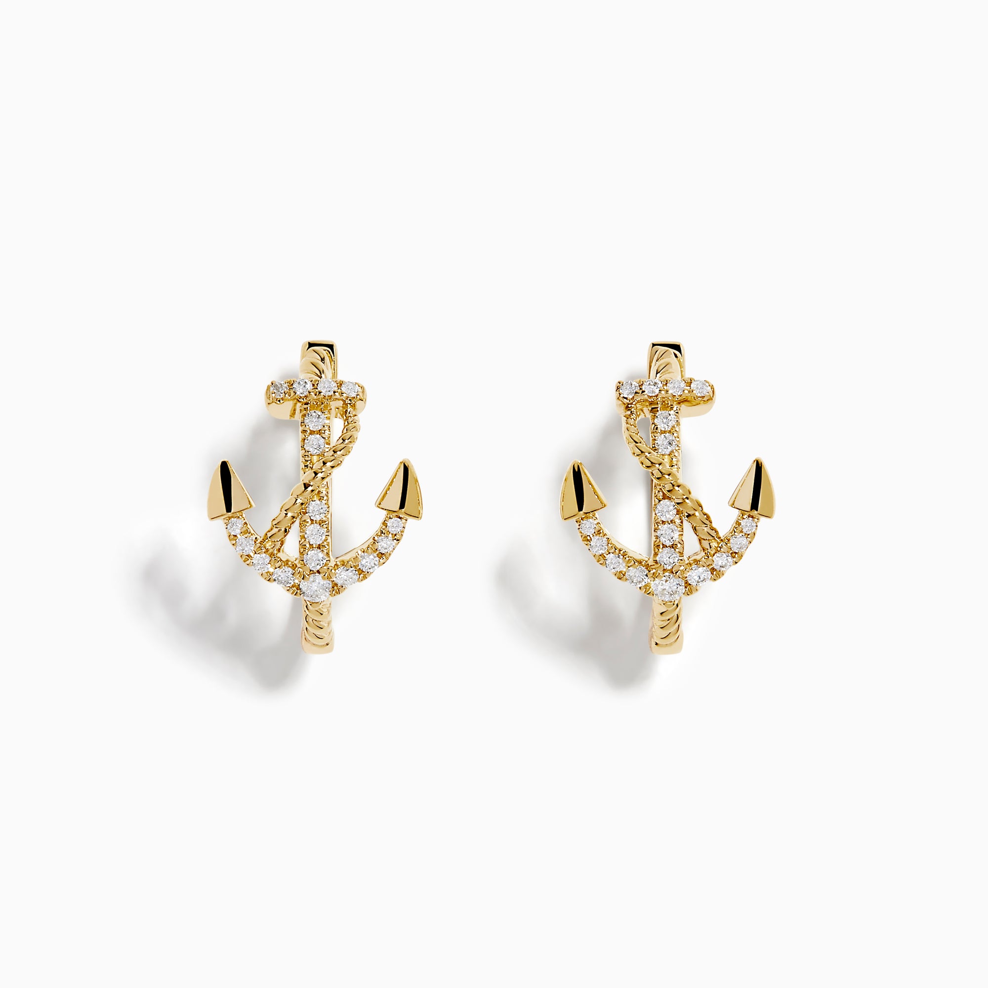 14K Yellow Gold Diamond Anchor Hoop Earrings, featuring sparkling clear stones in an anchor shape, displayed on a plain white background.