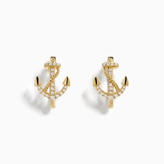 14K Yellow Gold Diamond Anchor Hoop Earrings, featuring sparkling clear stones in an anchor shape, displayed on a plain white background.