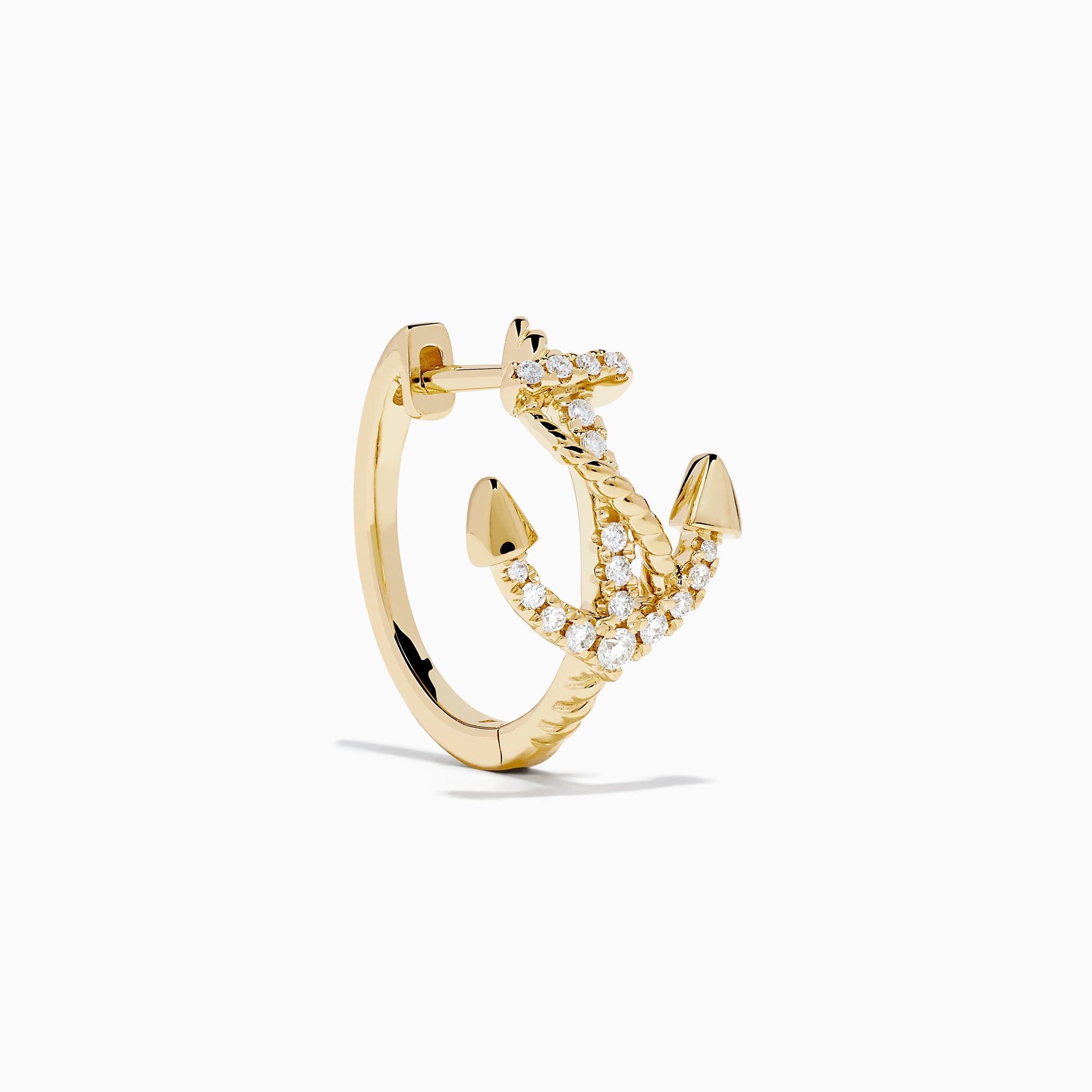 14K Yellow Gold Diamond Anchor Hoop Earrings, featuring sparkling clear stones in an anchor shape, displayed on a plain white background.