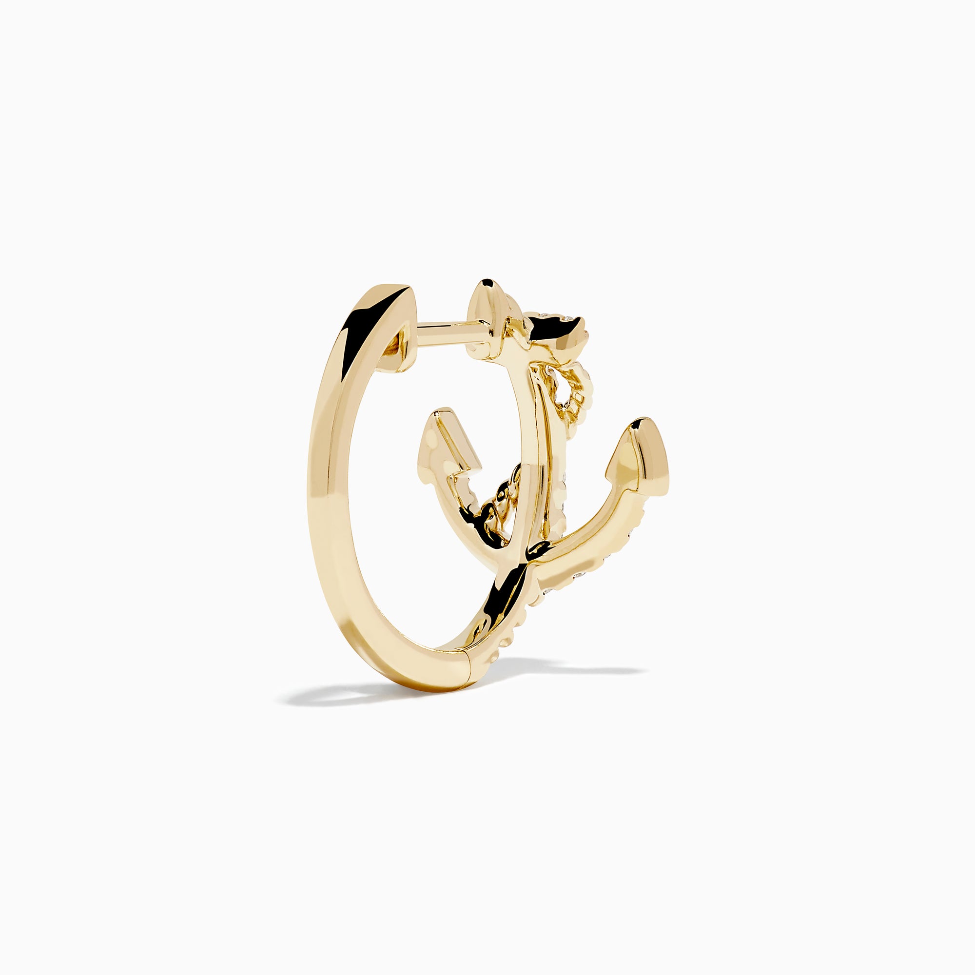 14K Yellow Gold Diamond Anchor Hoop Earrings, featuring sparkling clear stones in an anchor shape, displayed on a plain white background.