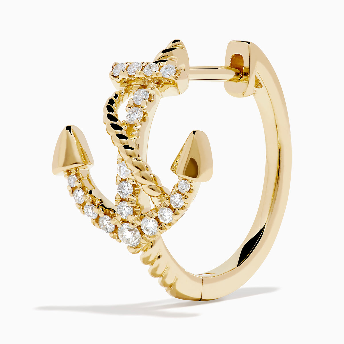 14K Yellow Gold Diamond Anchor Hoop Earrings, featuring sparkling clear stones in an anchor shape, displayed on a plain white background.