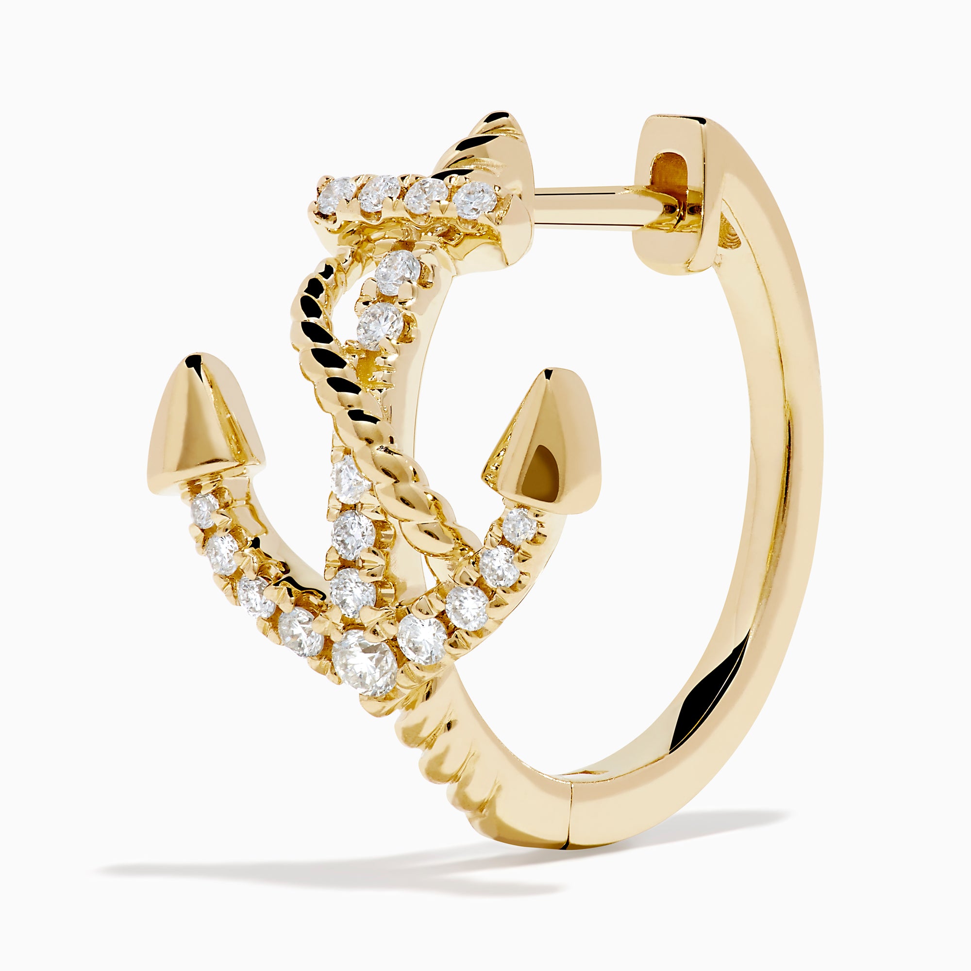 14K Yellow Gold Diamond Anchor Hoop Earrings, featuring sparkling clear stones in an anchor shape, displayed on a plain white background.