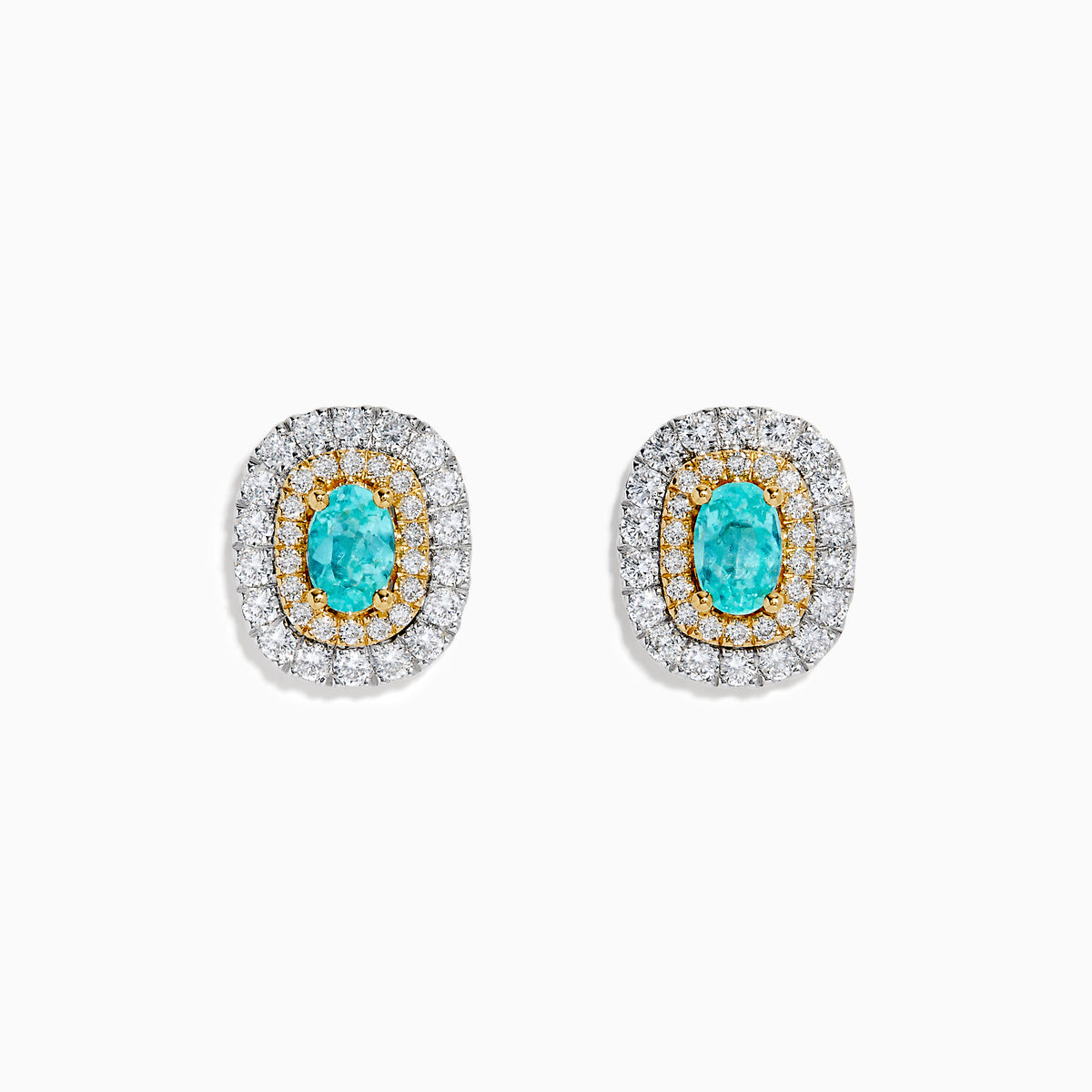 The 18K Two-Tone Gold Paraiba and Diamond Cushion Halo Stud Earrings feature oval Paraiba gemstones set in gold, surrounded by two rows of round white diamonds in a rectangular halo design.
